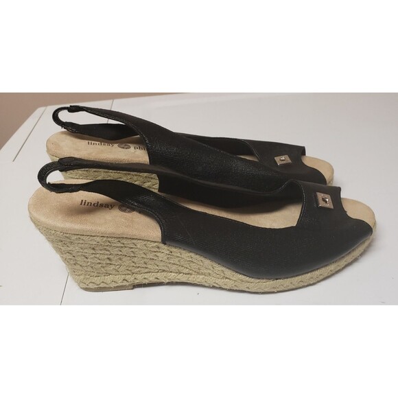 Lindsay Phillips Open Toe Espadrille Wedge Slingback Black Sandal Sz 9 NWBOX - Picture 2 of 13